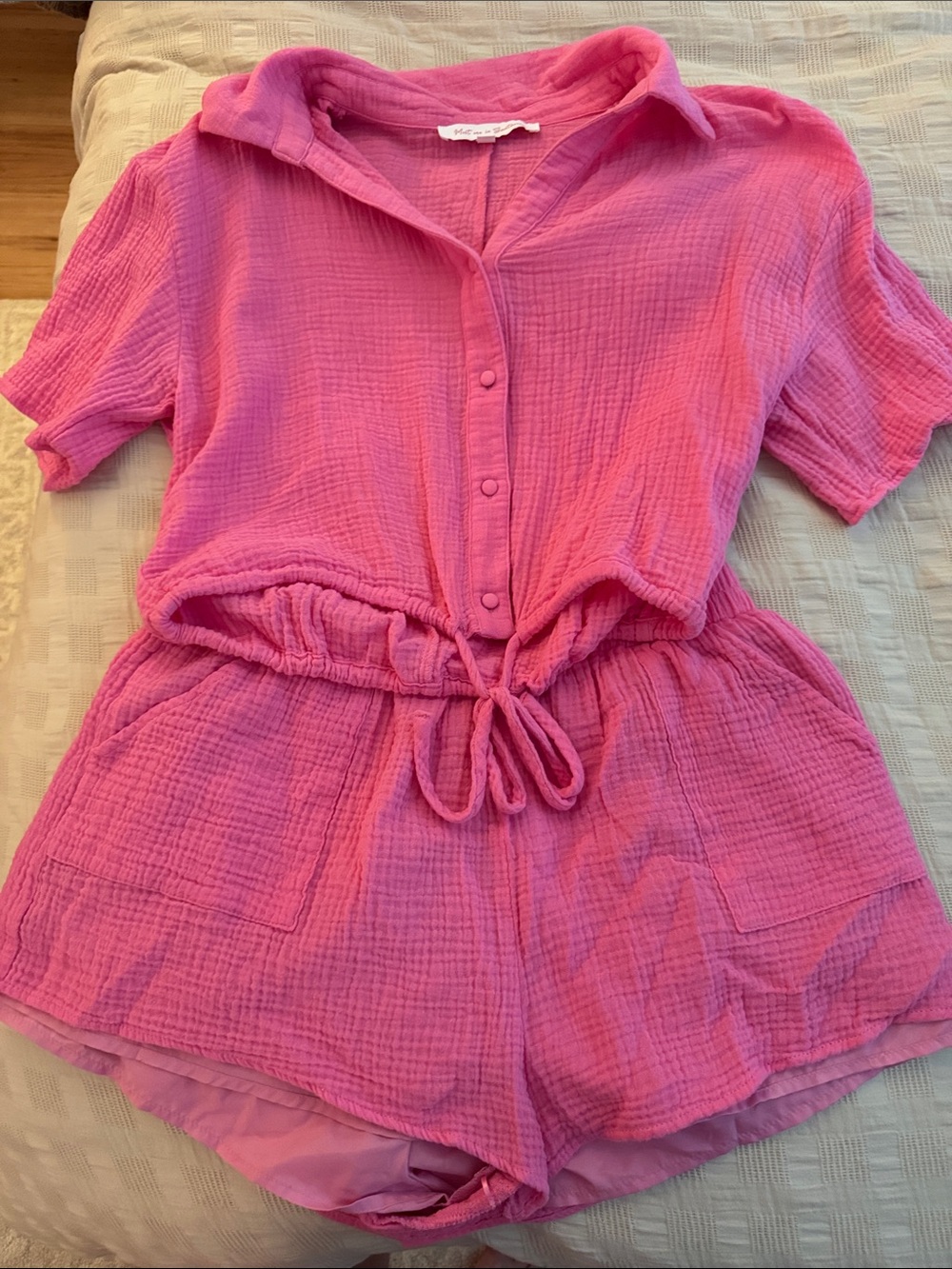 Womens Pink Button-Down Gauze Drawstring Shirt